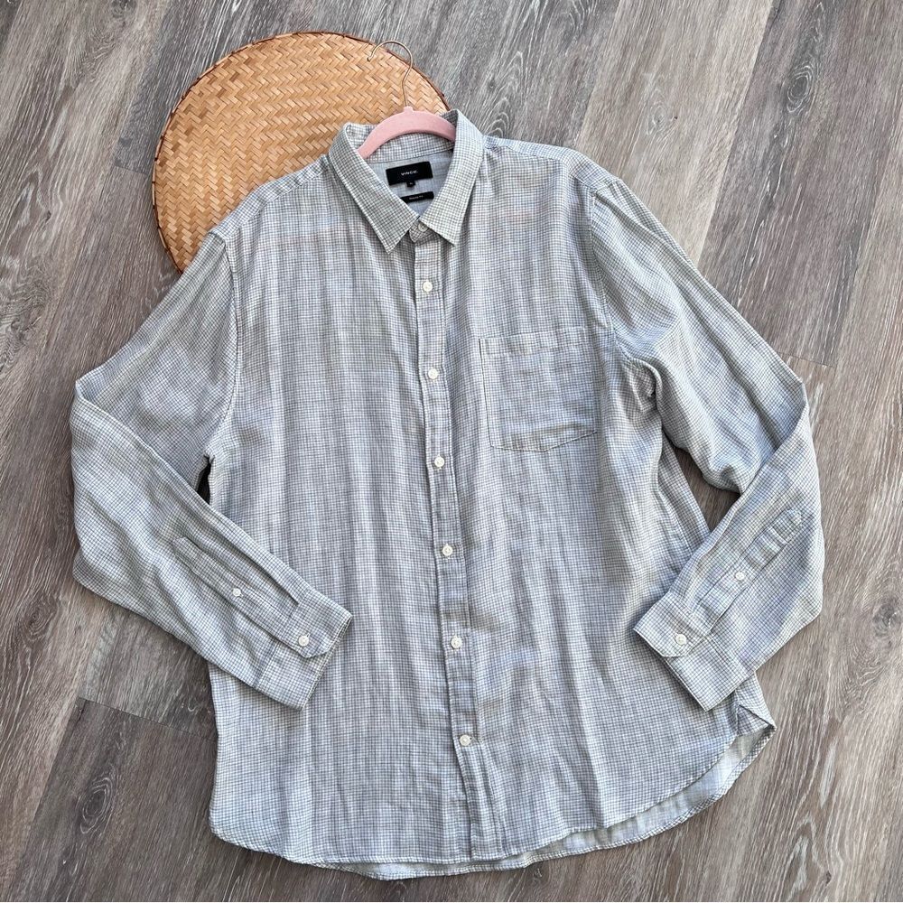 Vince mens windowpane print Button down Shirt Classic fit mens Size XL